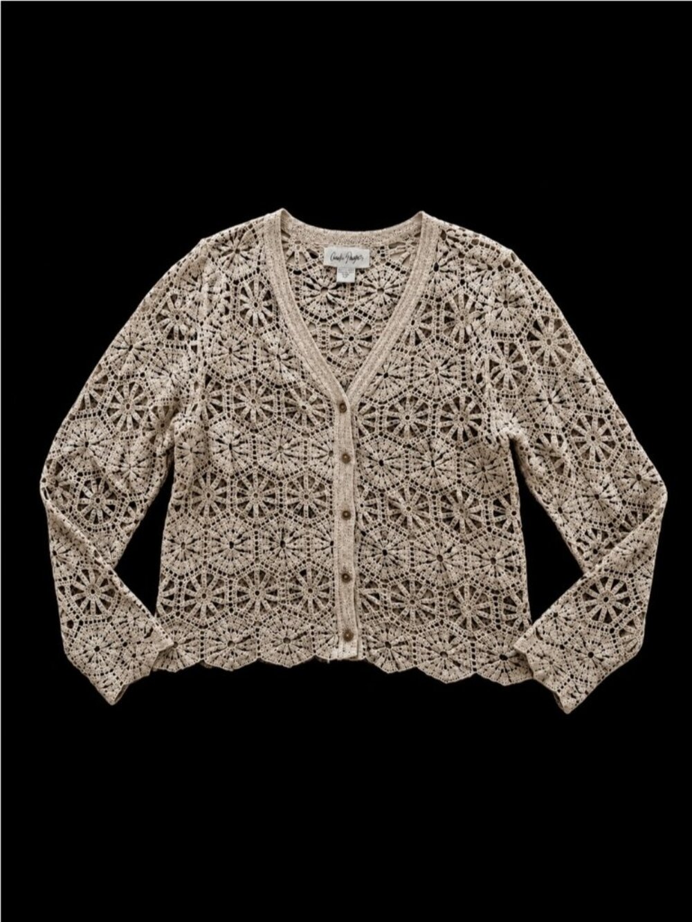 Y2K Charlie Paige Crochet Cardigan Boho Open Knit Floral Lace Cotton Beige Large